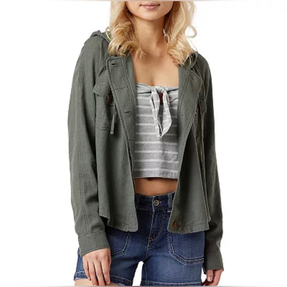 UNIONBAY Linen Blend Hooded Utility Military Style Jacket Y2K Size L